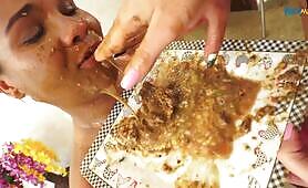 Scat Brazilian lezdom duo squat over lesbian human toilet mouth unloading massive thick steaming turds