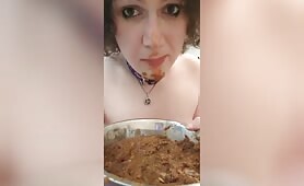 Filthy Scat Whore Struggles to Swallow Shit from Dog Bowl - Solo Scat Experience