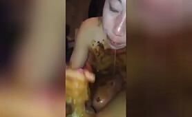 Naughty Chinese Scat Girl Covered in Poop, Giving a Dirty Blowjob