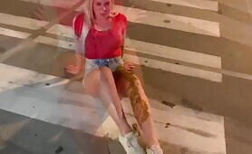 Kinky Dude Drops a Sloppy Shit Bomb on Sexy German MILF’s Leg in Public, Then Hoses It Down with Piss