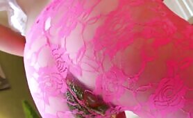 Blonde Hottie Sucks Cock & Shits in Pink Fishnet Leggings